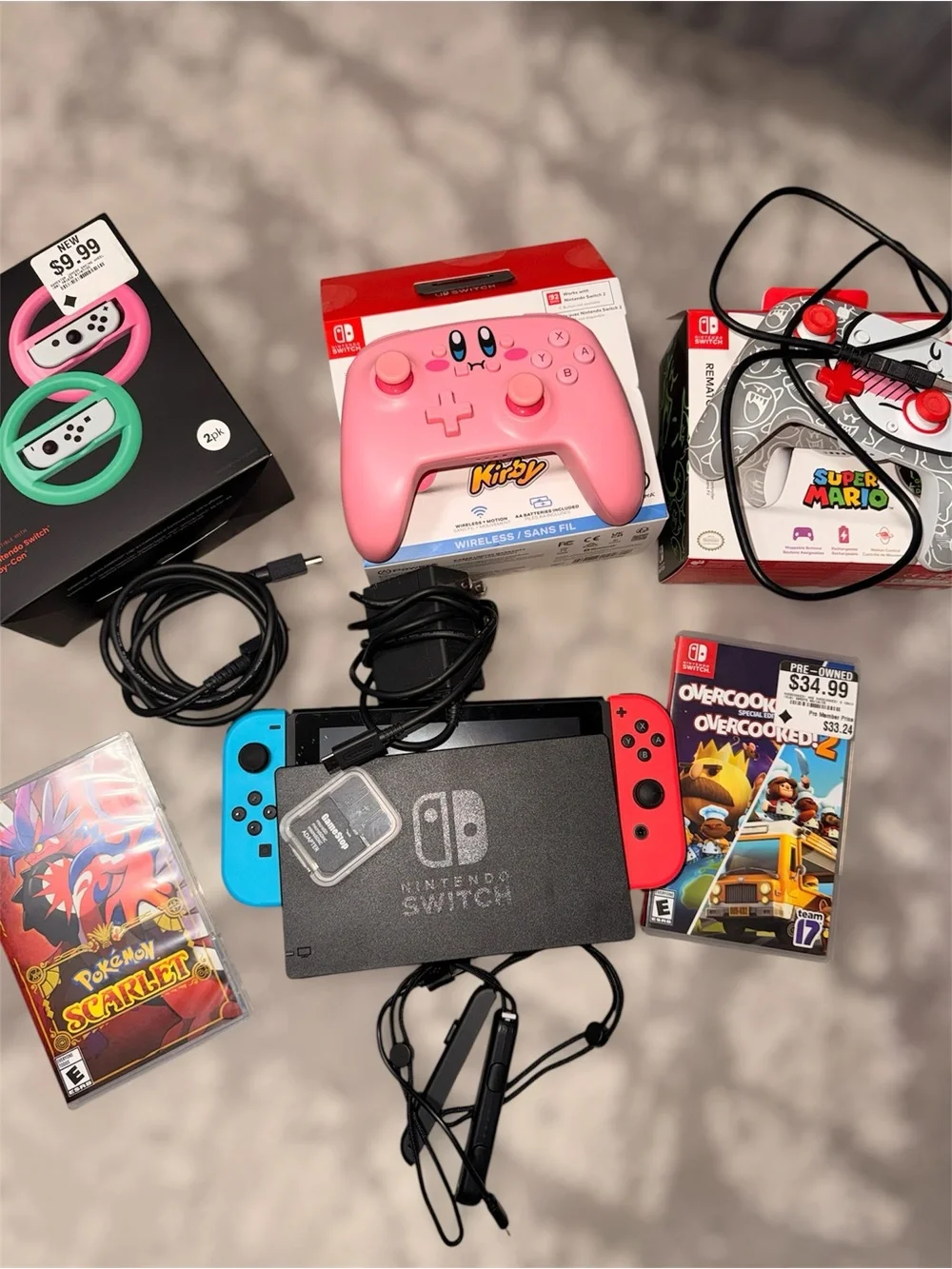 Nintendo Switch Bundle with 2 Wireless Controllers & Steering Wheel set & games